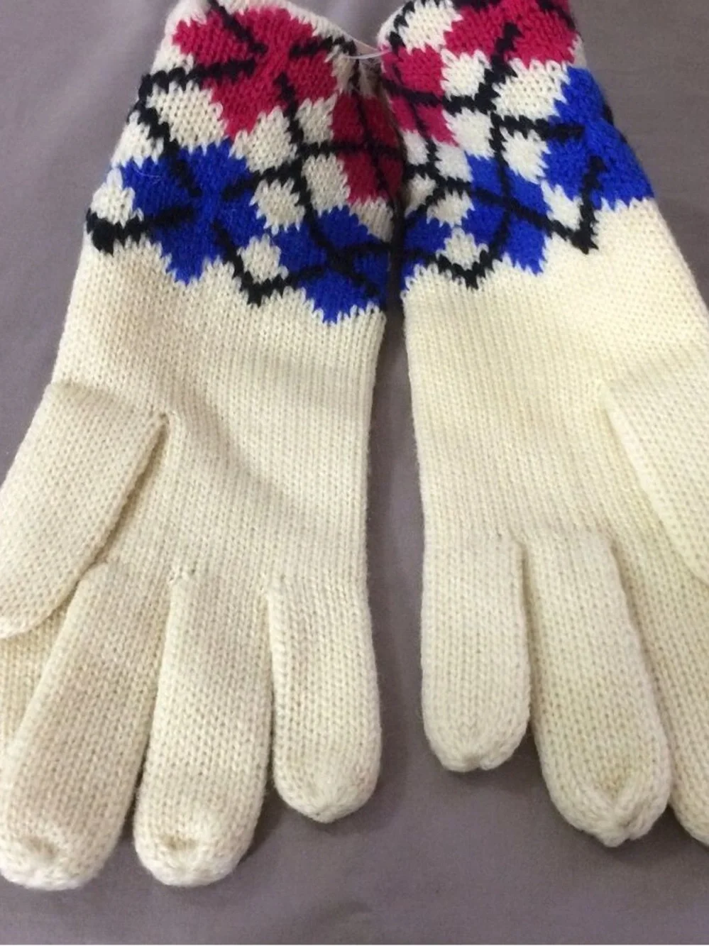 Cream Knit Gloves with Pink & Blue Fair Isle Pattern